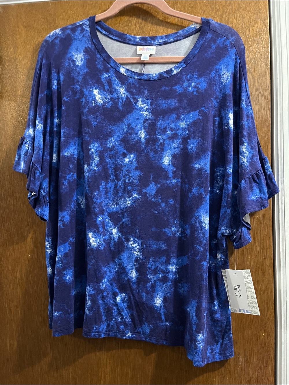 LuLaRoe Navy and Bright Blue Tie-Dye Ruffle Sleeve top